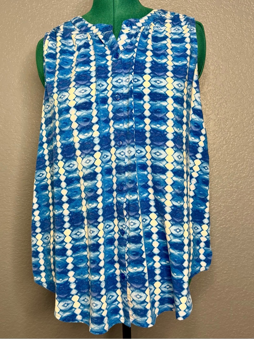 Indigo‎ Blue White Tie Dye Sleeveless Blouse Button Front Boho Top XL